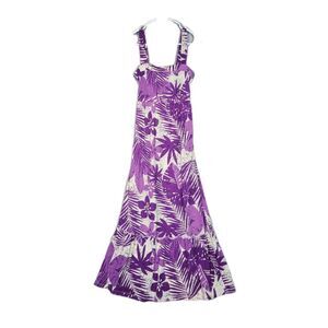 NWT Lena Tropical Hawaiian Maxi Dress Womens Medium White Purple Palm Floral